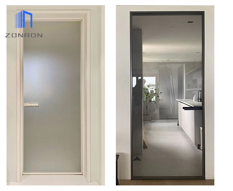 Zonron  arrow Slim Aluminum Frame ribbed glass Casement Door waterproof wire glass Doors Bathroom fluted glass doors