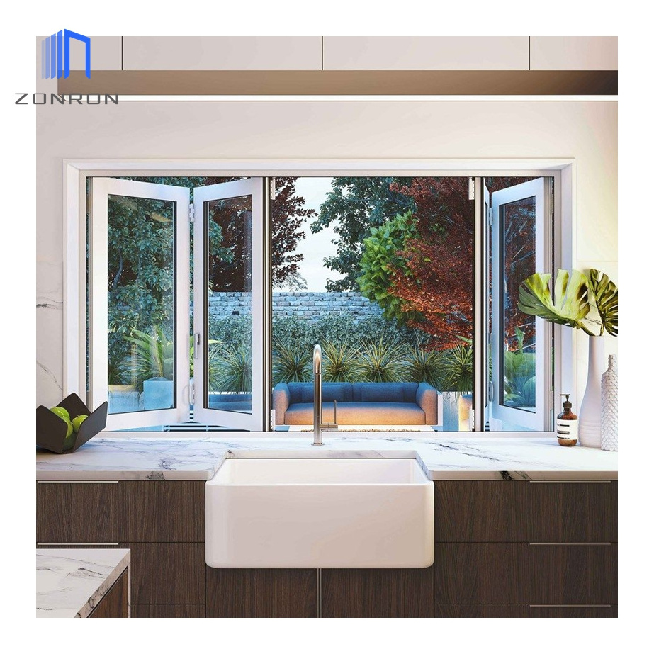 Zonron 2023 American Style High Quality Tempered Glass Bifold Window Indoor Veranda Three Folding Accordion Kitchen Window