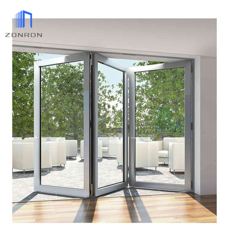 Zonron Factory Price Exterior Thermal Break Accordion Bi-Fold Aluminum Glass Patio Folding Doors With Door Screen