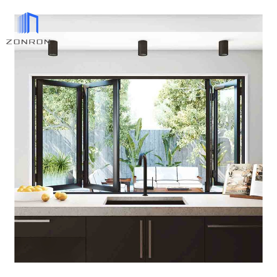 Zonron 2023 American Style High Quality Tempered Glass Bifold Window Indoor Veranda Three Folding Accordion Kitchen Window