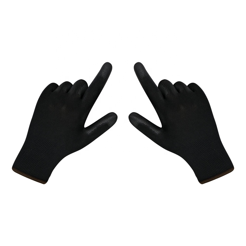 Good Quality Safety Protective Work Black Gloves Polyester with Black PU Coated and Anti Slip Waterproof Work Gloves