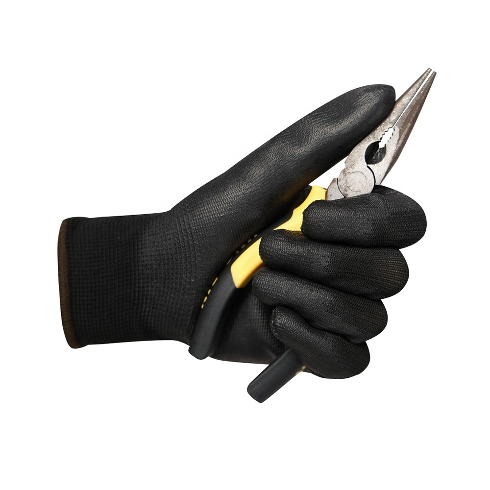 Good Quality Safety Protective Work Black Gloves Polyester with Black PU Coated and Anti Slip Waterproof Work Gloves