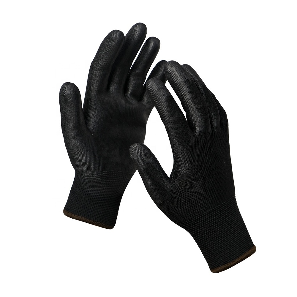 Good Quality Safety Protective Work Black Gloves Polyester with Black PU Coated and Anti Slip Waterproof Work Gloves