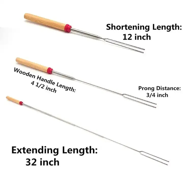 32 Inches BBQ Accessories Stainless Steel Telescopic Campfire Grill Skewer Campfire Forks Smores Marshmallow Roasting Sticks