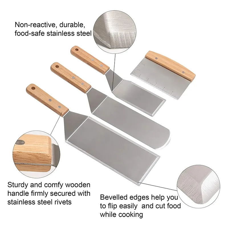 Heat Resistant Stainless Steel Bbq Spatulas Scraper Griddle Accessory Grill Tools Set with Wooden Handle