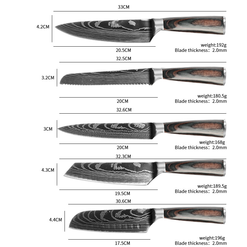 8pcs Kitchen Chef Knives Set 8 inch Japanese 3CR13 440C High Carbon Stainless Steel Damascus Laser Pattern Slicing Santoku Tool