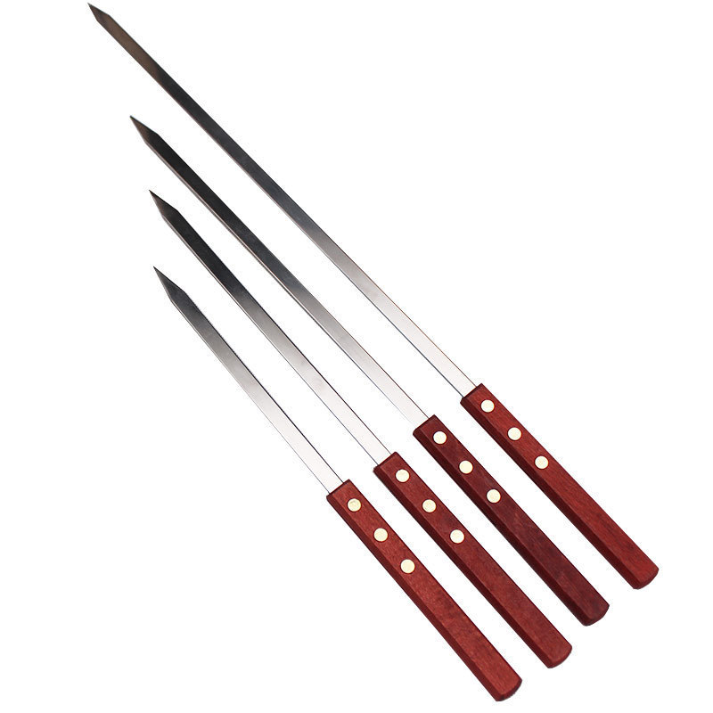 Outdoor Wide Stainless Steel Bbq Accessories Portable Barbeque Large Flat Kabab Skewers With Wood Handle