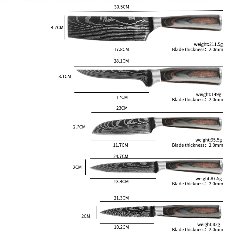 8pcs Kitchen Chef Knives Set 8 inch Japanese 3CR13 440C High Carbon Stainless Steel Damascus Laser Pattern Slicing Santoku Tool