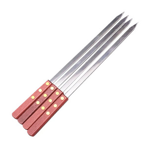 Outdoor Wide Stainless Steel Bbq Accessories Portable Barbeque Large Flat Kabab Skewers With Wood Handle