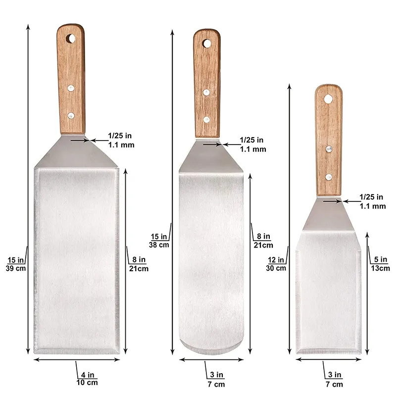 Heat Resistant Stainless Steel Bbq Spatulas Scraper Griddle Accessory Grill Tools Set with Wooden Handle