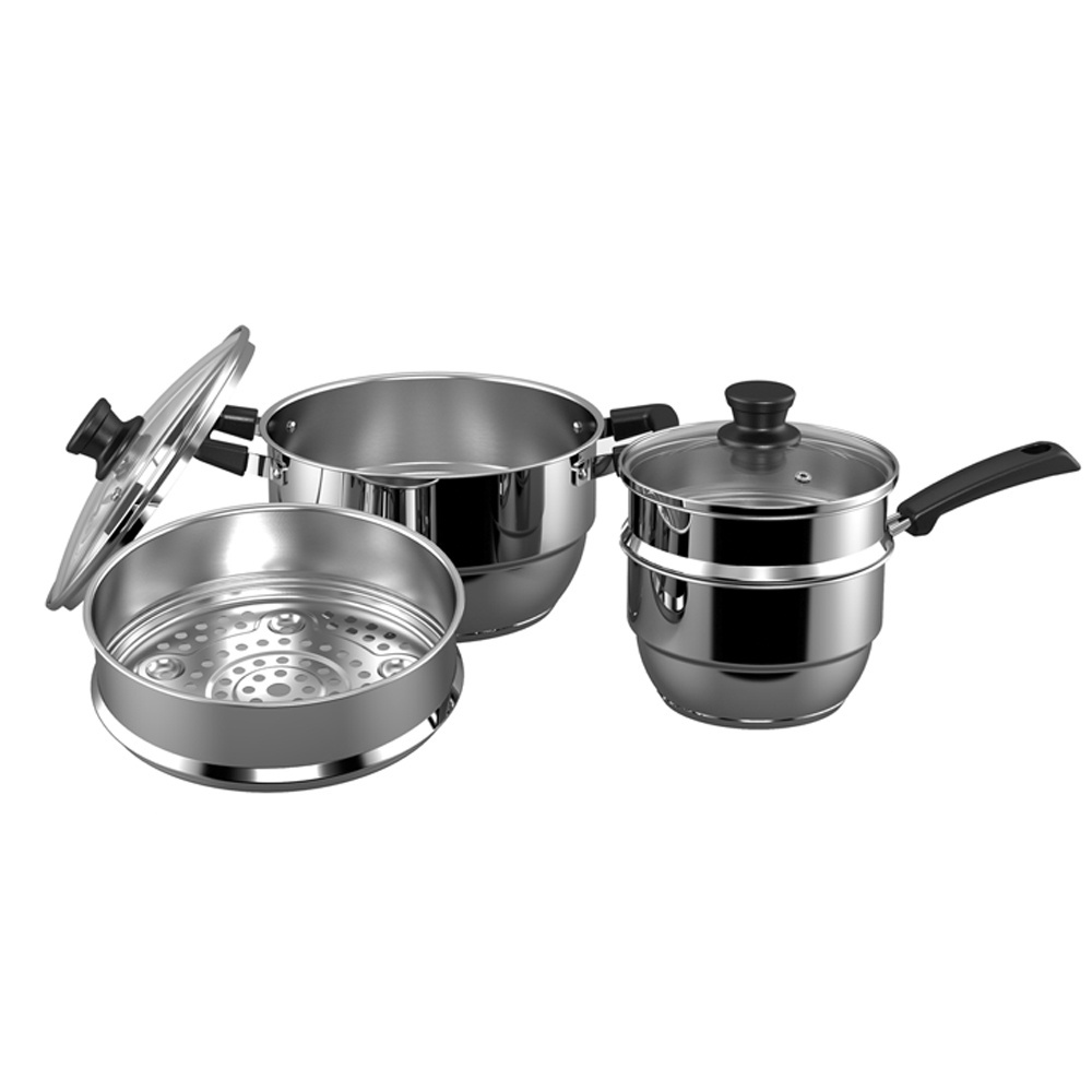 Manufacturer Cookware Set Stainless Steel Cooking Multifunctional Food Steamer with Glass Lid Double Layer Steamer Pot