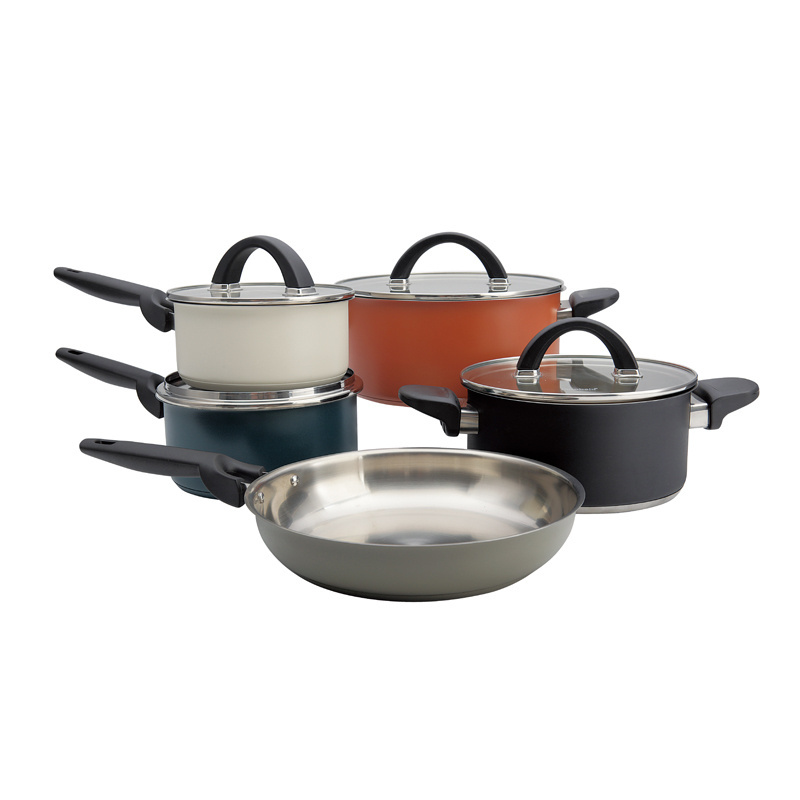 Factory wholesale high quality cookware set painted double ear pan cooking soup pot with glass lid non-stick bottom pan