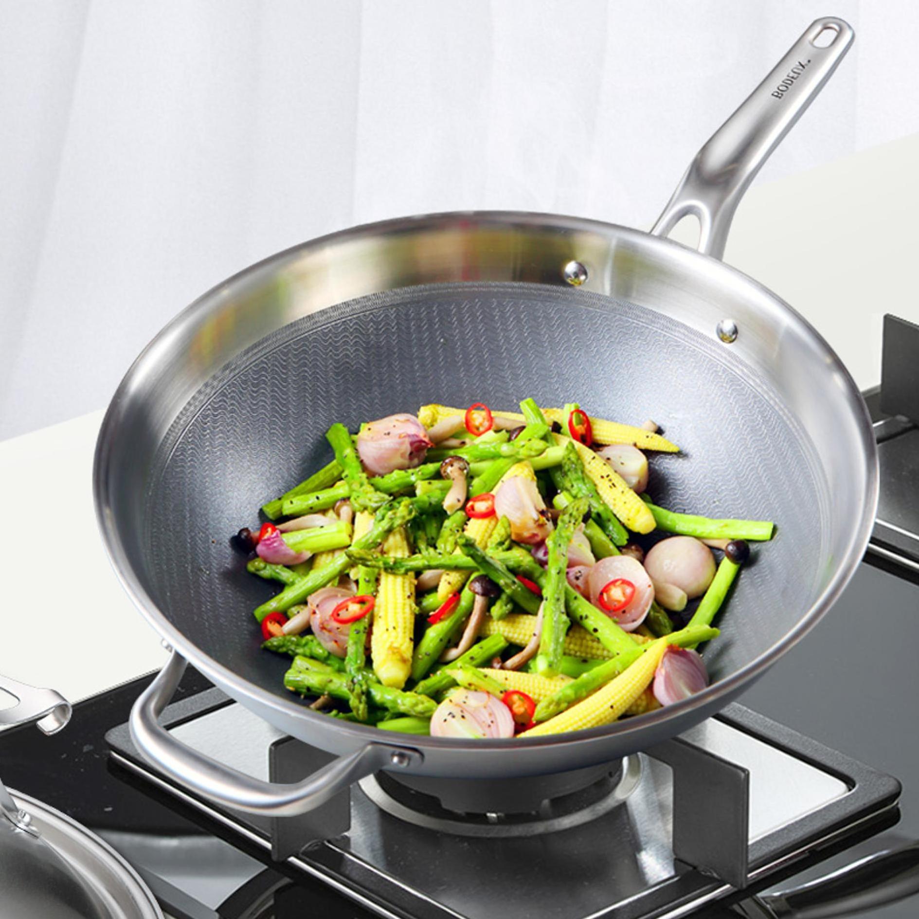 Manufacturer Wok Pan Chinese Induction Gas Non Stick Cookware Stainless Steel Kitchen Frying Pan Cooking Woks with Lid