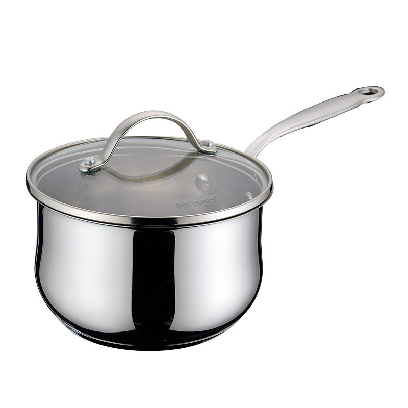 Factory Wholesale kitchen Cookware Long handle glass lid silver milk pot induction gas skillet stainless steel cooking pot