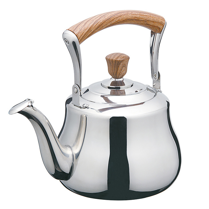 Factory wholesale high quality teapots Wooden insulated handle Flat bottom induction gas silver polished stainless steel kettle