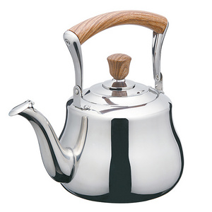 Factory wholesale high quality teapots Wooden insulated handle Flat bottom induction gas silver polished stainless steel kettle