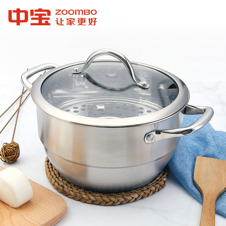 Factory wholesale High quality kitchen cooking stockpot with steamer Food grade cookware with glass lid stockpot