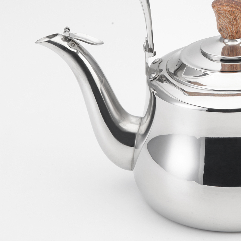 Factory wholesale high quality teapots Wooden insulated handle Flat bottom induction gas silver polished stainless steel kettle