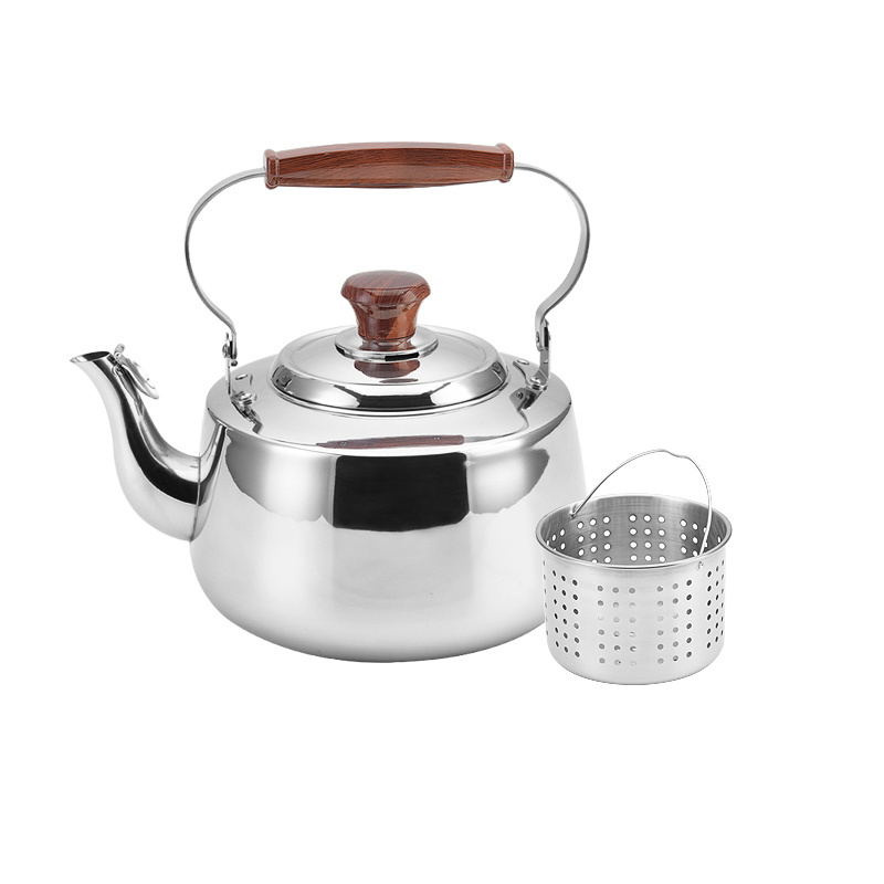 Wood grain bakelite handle stainless steel whistling water kettle metal teapot large tea kettle for home kitchen