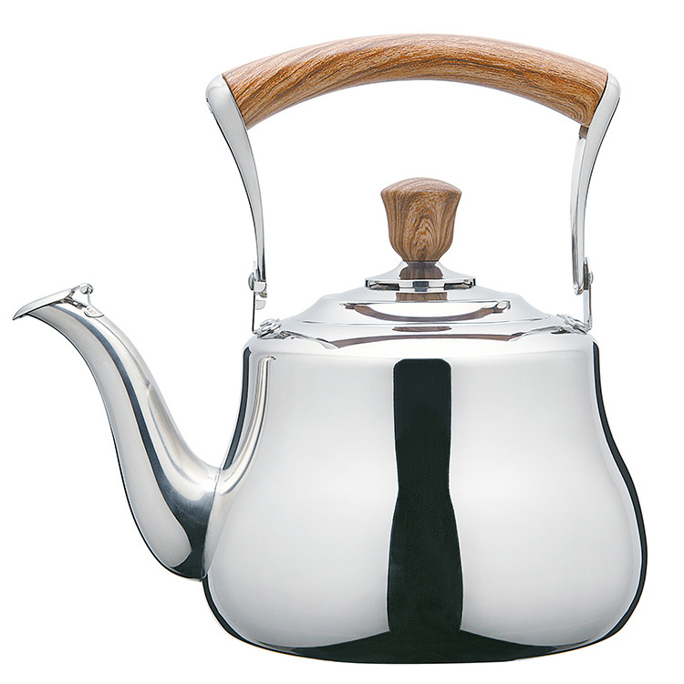 Factory wholesale high quality teapots Wooden insulated handle Flat bottom induction gas silver polished stainless steel kettle