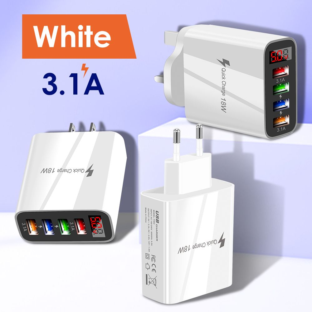 3.1A 4-Port USB Wall Charger Universal Phone Smart Charger Plug USB Power Adapter 18w LED Digital Display Charger