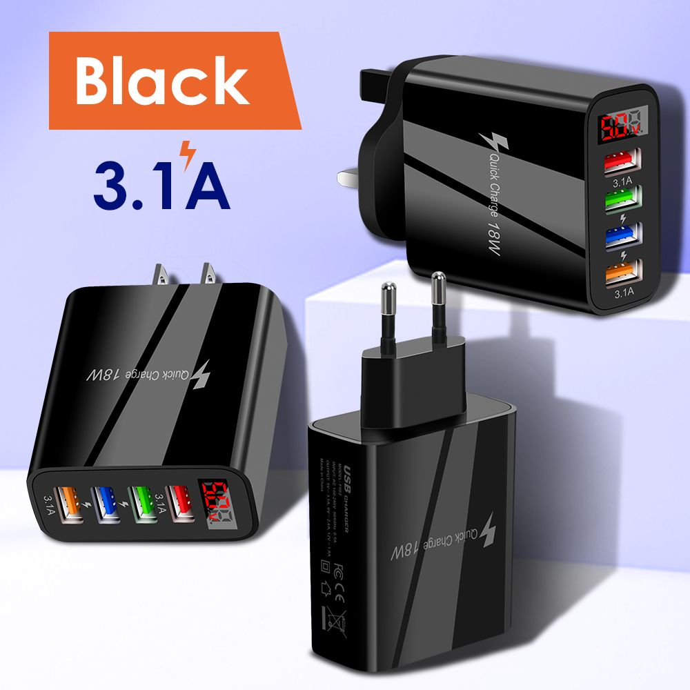 3.1A 4-Port USB Wall Charger Universal Phone Smart Charger Plug USB Power Adapter 18w LED Digital Display Charger