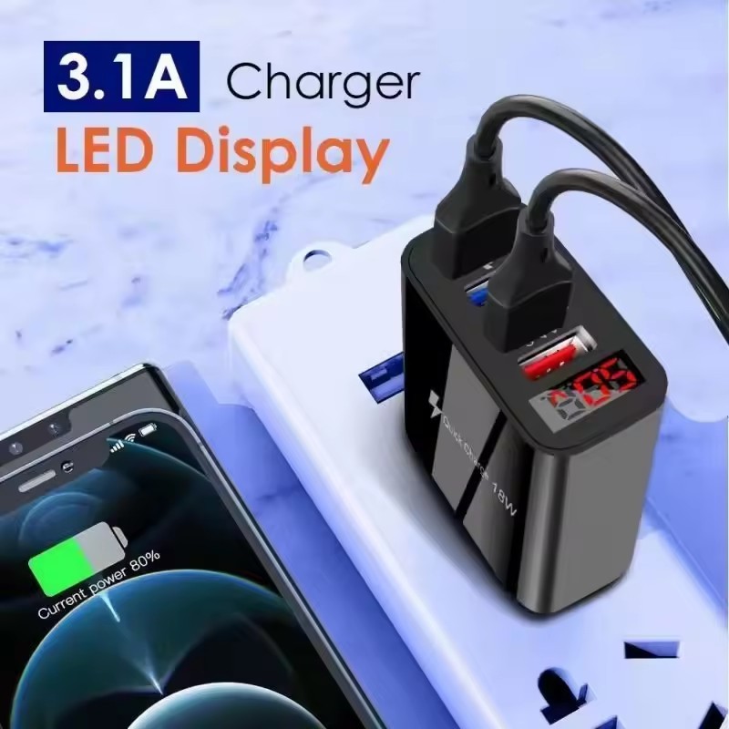 3.1A 4-Port USB Wall Charger Universal Phone Smart Charger Plug USB Power Adapter 18w LED Digital Display Charger