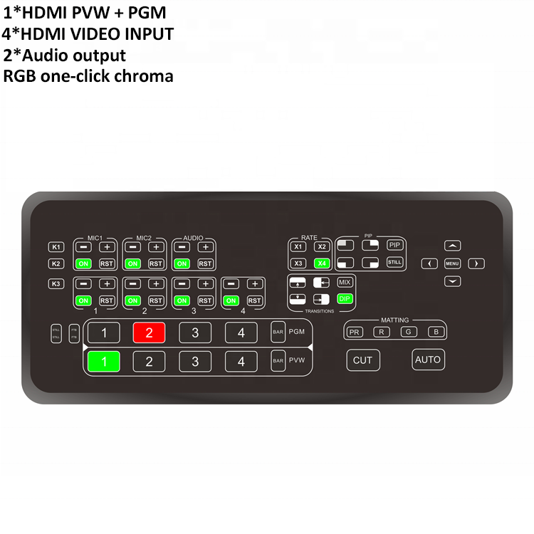 4CH H DMI Live Streaming Switcher 1080p for Broadcast Switch Live Streaming Video Control Support 2 Microphone input