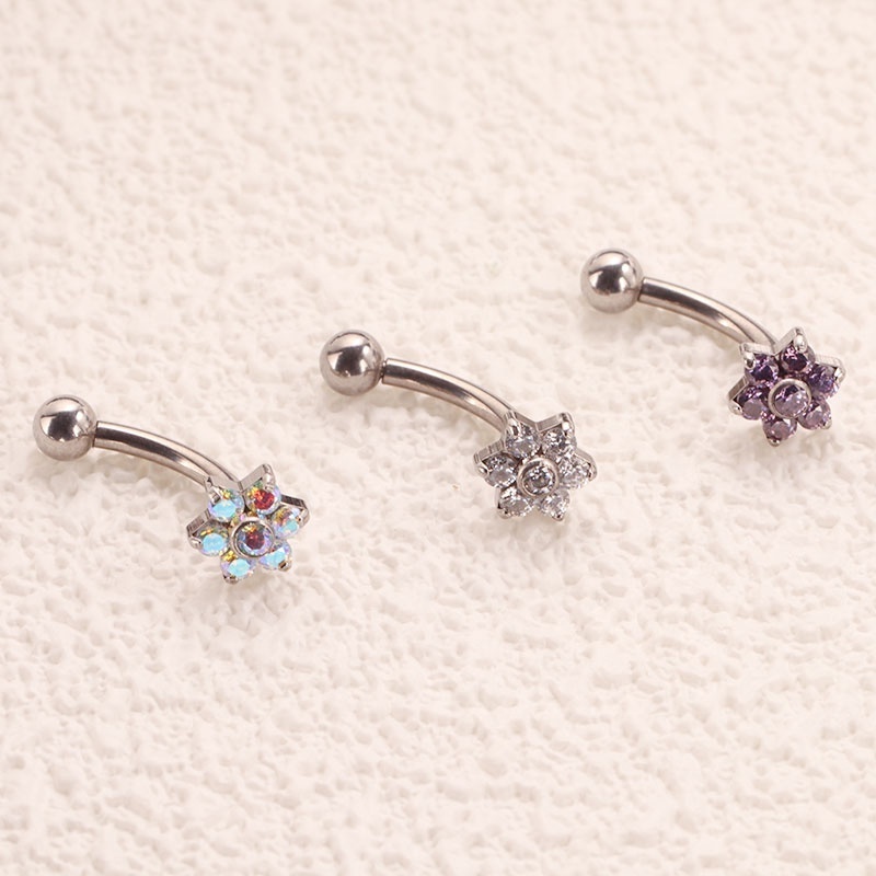 Fashionable Women Sexy Piercing Jewelry G23 Titanium Flowers Zircon Paved Navel Piercing Ring Belly Button Rings