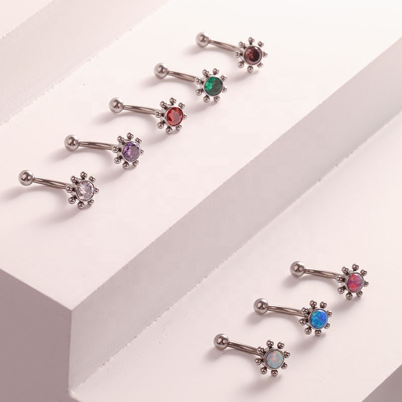 Women's G23 Titanium Flowers Bezel Setting CZ Piercing Jewelry Sexy Belly Button Rings with round Pearl and Zircon Stone