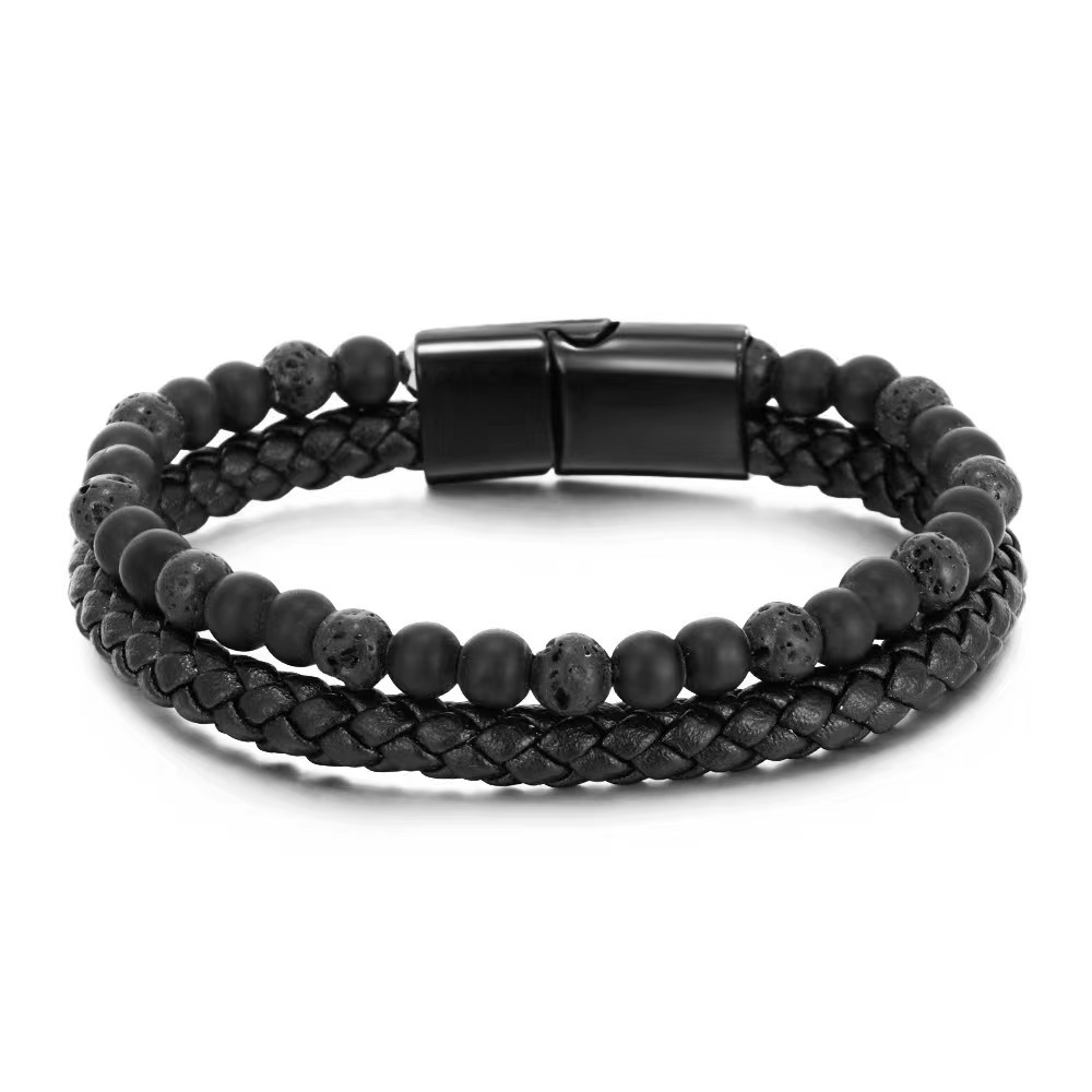 Zooying  Personality Natural Tiger Eye Lava Men Natural Stone Bead Stainless Steel Clasp Black Genuine Leather Bracelet