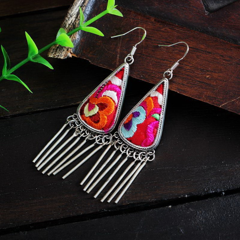 Zooying bohemian ethnic minority Miao silver hand embroidery dance earrings