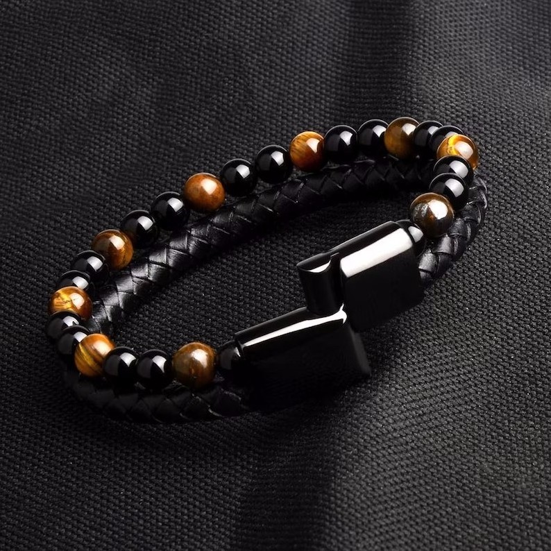 Zooying  Personality Natural Tiger Eye Lava Men Natural Stone Bead Stainless Steel Clasp Black Genuine Leather Bracelet