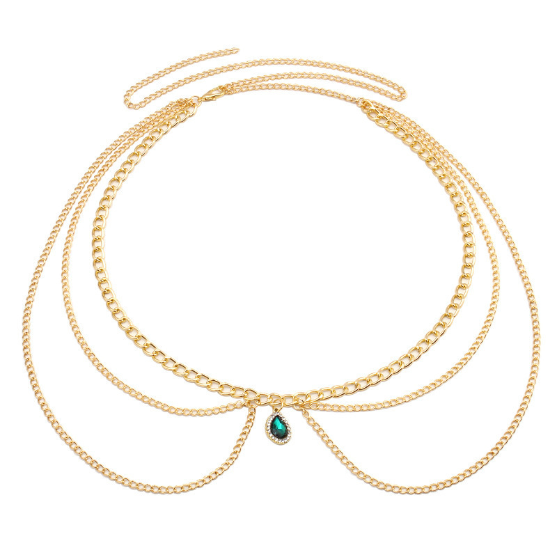 Zooying Fashionable versatile minimalist multi-layer metal body chain personalized emerald studded diamond waist chain