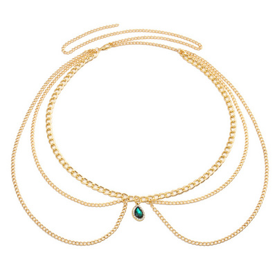 Zooying Fashionable versatile minimalist multi-layer metal body chain personalized emerald studded diamond waist chain