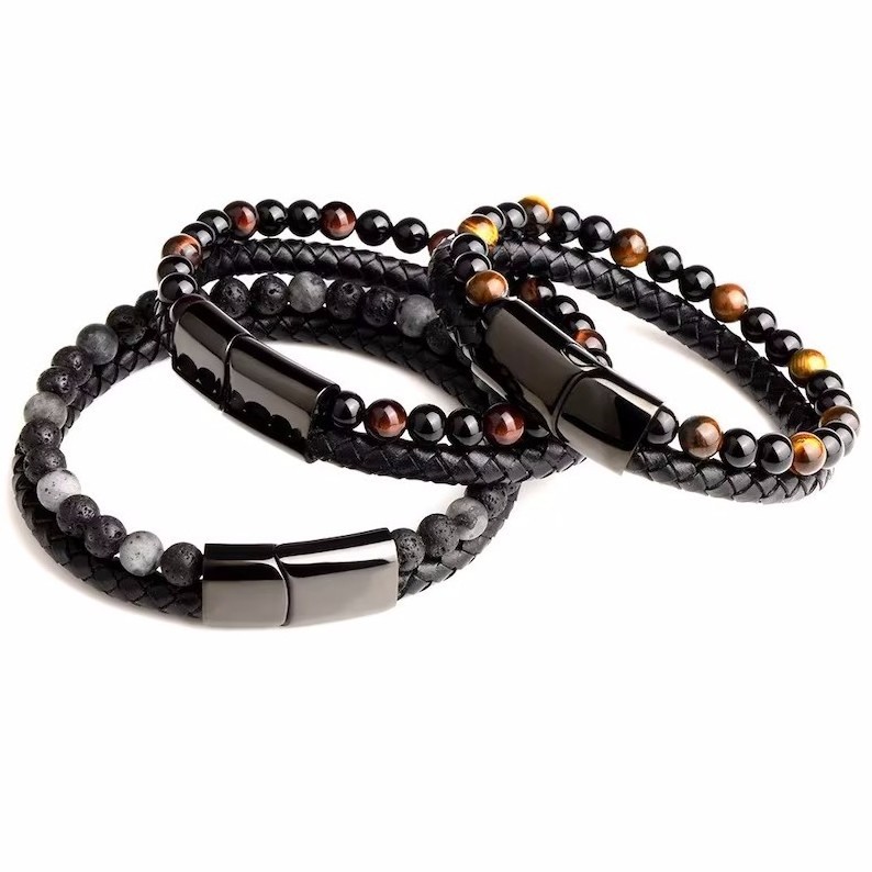 Zooying  Personality Natural Tiger Eye Lava Men Natural Stone Bead Stainless Steel Clasp Black Genuine Leather Bracelet