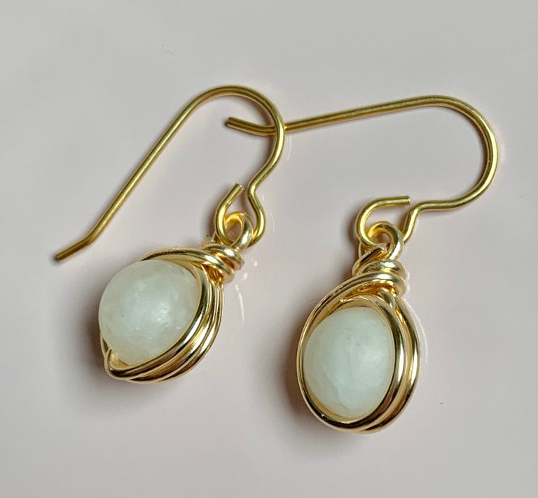 Zooying  Simple Wire Wrapped Dangle  White   Healing Stone Earrings Dainty Gold  Jewelry