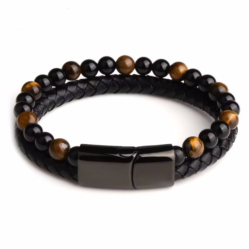 Zooying  Personality Natural Tiger Eye Lava Men Natural Stone Bead Stainless Steel Clasp Black Genuine Leather Bracelet