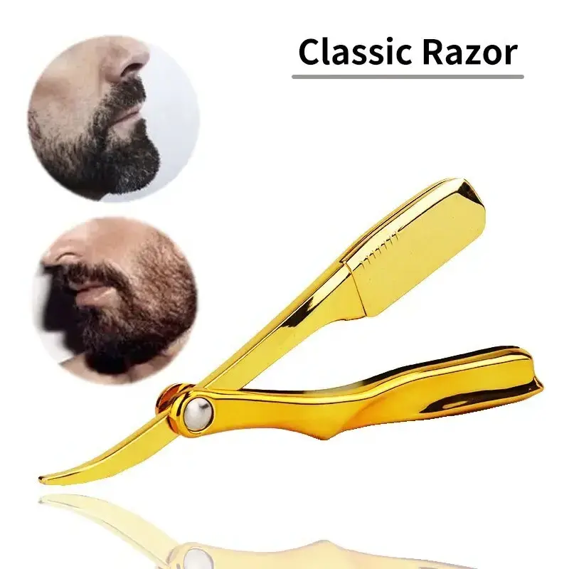 Folding Blade Razor Beard Shaving Tools Private Custom Logo Plating Gold Professional Facial Straight Barber Razor