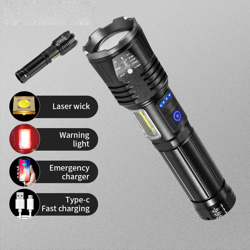 Most Powerful 15W Zoomable Emergency Warning Flash Light Cob Led Laser Torch Patrol Laser Flashlight