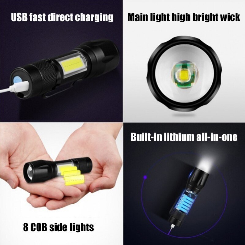 Portable Mini Cob Torch Light Aluminium Waterproof Powerful Rechargeable Led Flashlight With 3 Working Modes