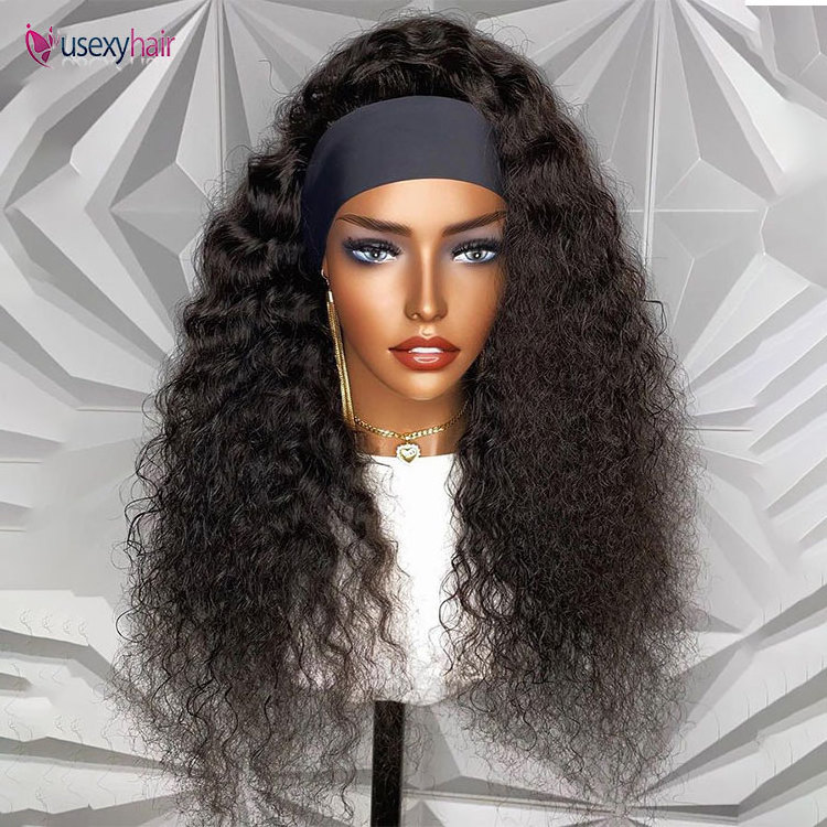 Water Wave Headband Wigs Peruvian Human Hair Wigs For Women Full Machine Made Headband Wig No Glue No Sew In