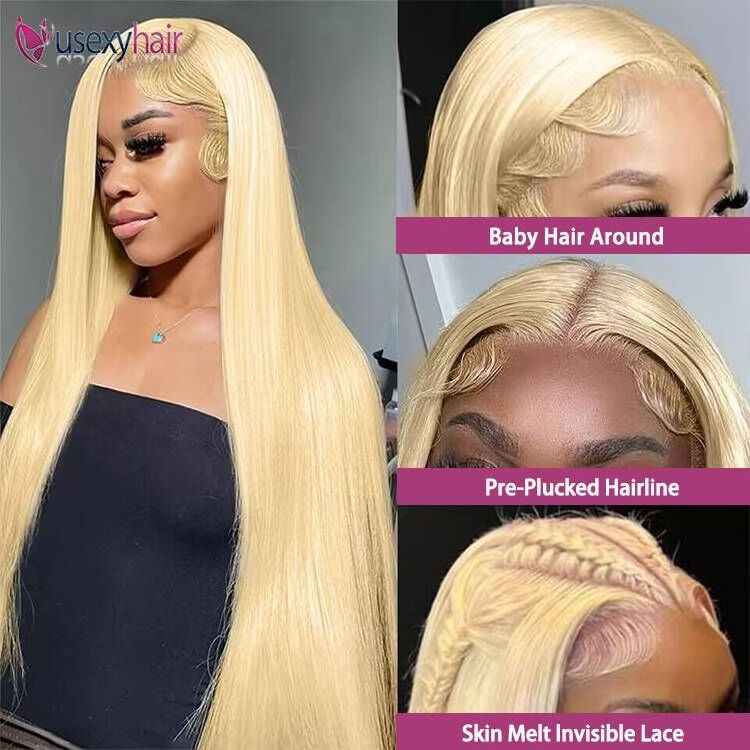 Raw virgin cuticle aligned brazilian frontal human hair 613 blonde transparent lace front wig with baby hair for black women