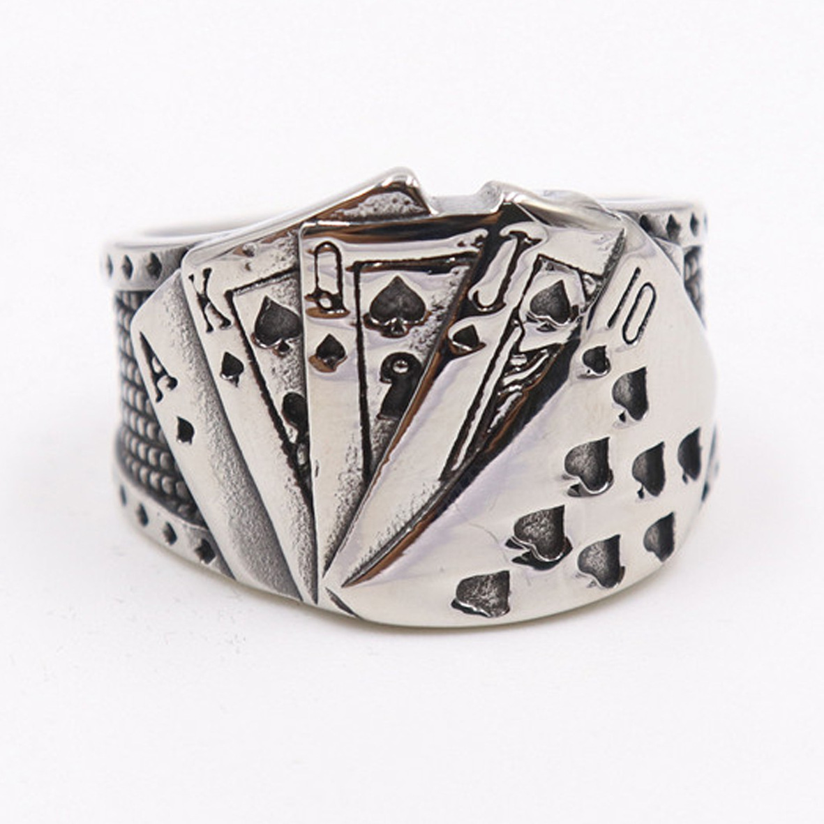 Flush Poker Cards Ring, Playing Cards Rings, Stainless Steel Spades Royal Flush Poker Lucky jewelry