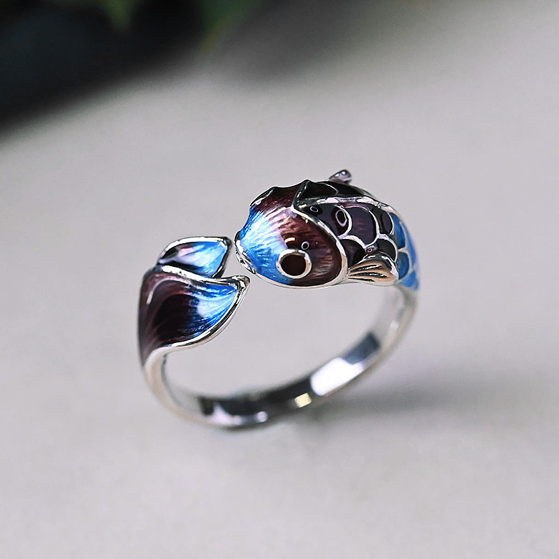 Alloy Koi Ring Women's Classical Chinese Style Colorful Blue Opening Adjustable Fish Leaping Dragon Gate Good Luck Ring