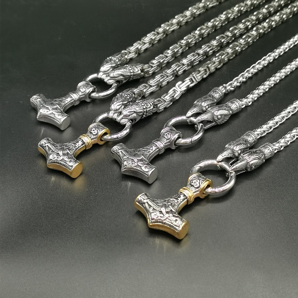 HotSale 316L Byzantine Stainless steel Chain Thor Hammer Viking Pendant FlowerBasket Necklace Animal Head clasp Twotone Jewelry