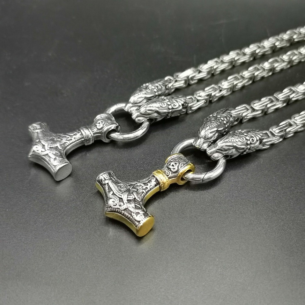 HotSale 316L Byzantine Stainless steel Chain Thor Hammer Viking Pendant FlowerBasket Necklace Animal Head clasp Twotone Jewelry