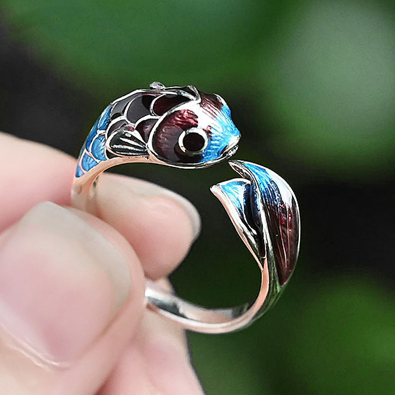 Alloy Koi Ring Women's Classical Chinese Style Colorful Blue Opening Adjustable Fish Leaping Dragon Gate Good Luck Ring