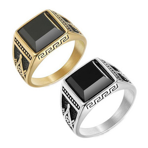 Popular Classic Vintage Ring Titanium Steel Color Preserved Gold Plated Black Agate Masonic AG Men's Ring