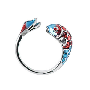 Alloy Koi Ring Women's Classical Chinese Style Colorful Blue Opening Adjustable Fish Leaping Dragon Gate Good Luck Ring